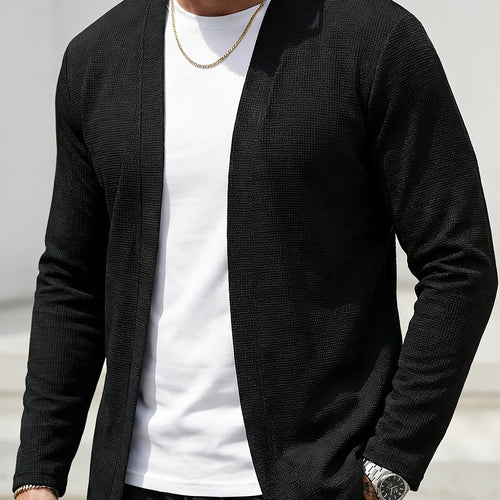 Men's Open-Style Textured Knit Cardigan – Black
