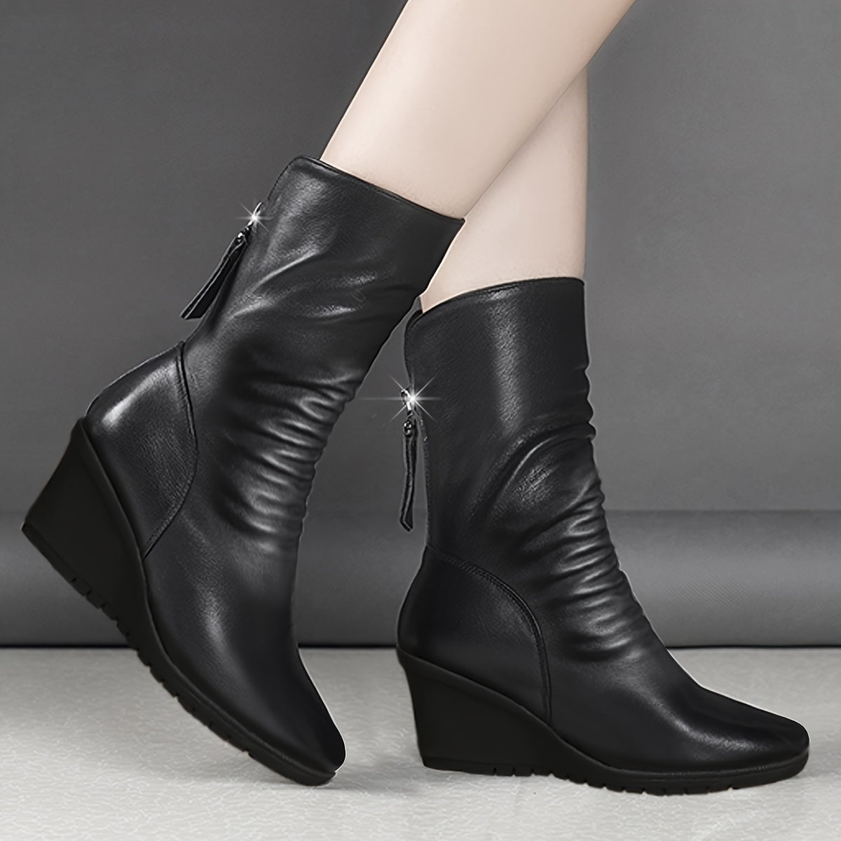 Women's Sleek Wedge-Heel Mid-Calf Boots for Fall – Black