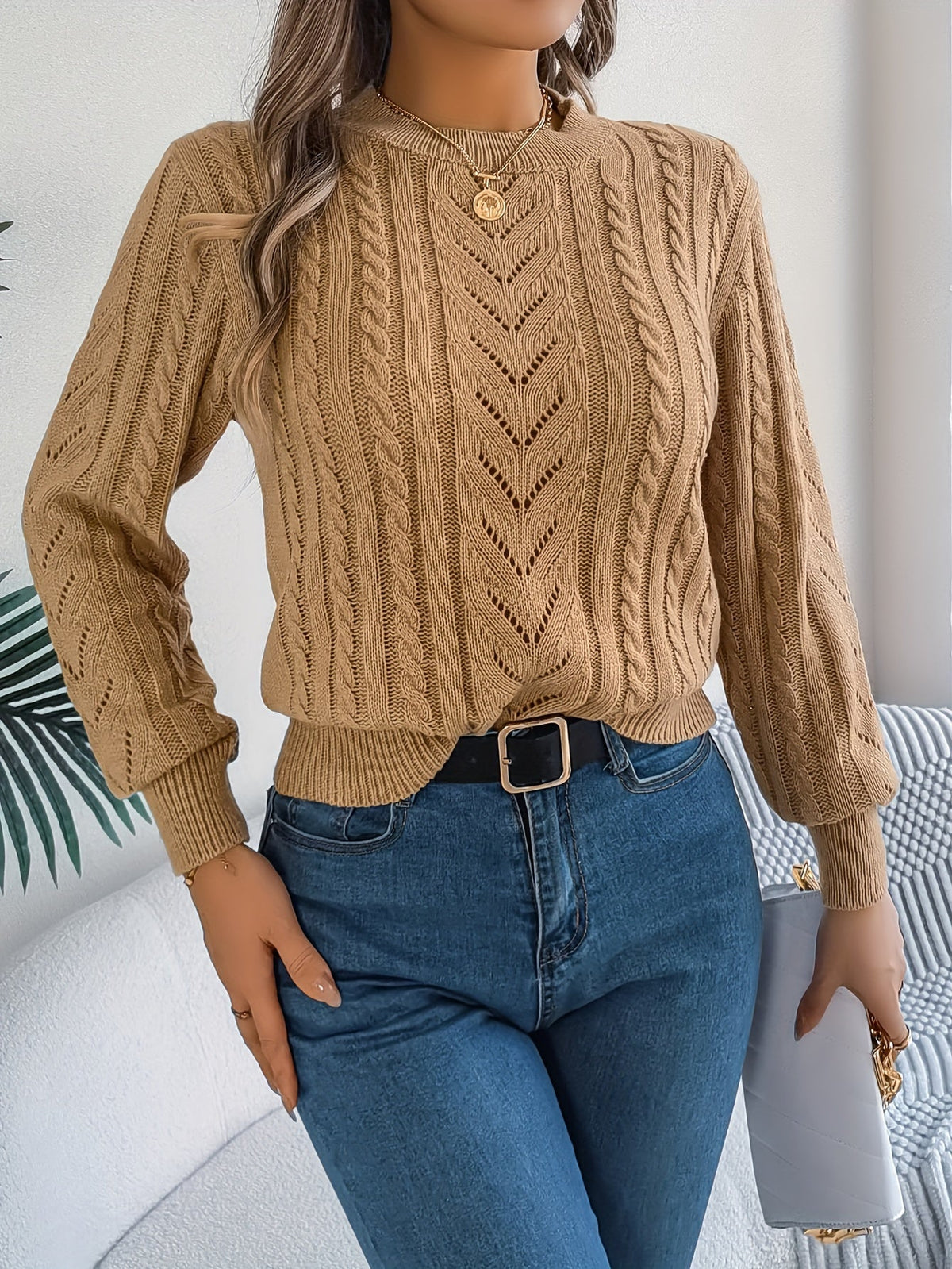 Women's Cable-Stitch Openwork Round-Neck Pullover – view 5