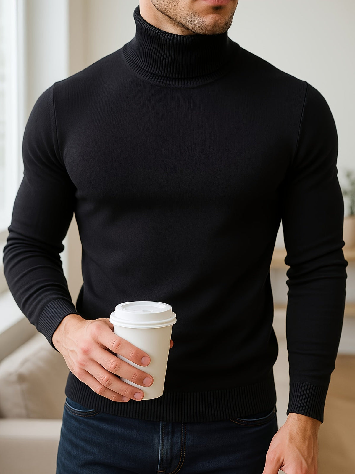 Men's Rib-Knit Roll-Neck Knit Pullover – Black