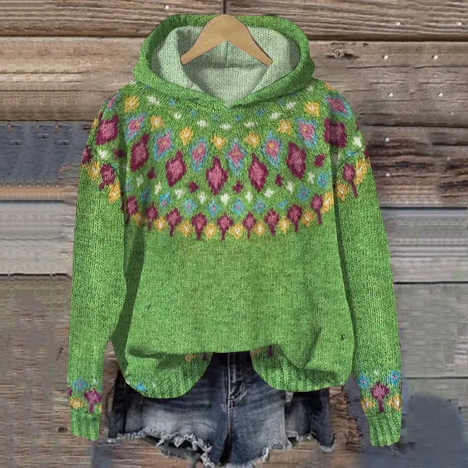 Women's Loose-Fit Fair Isle Hoodie Knit Pullover – Green