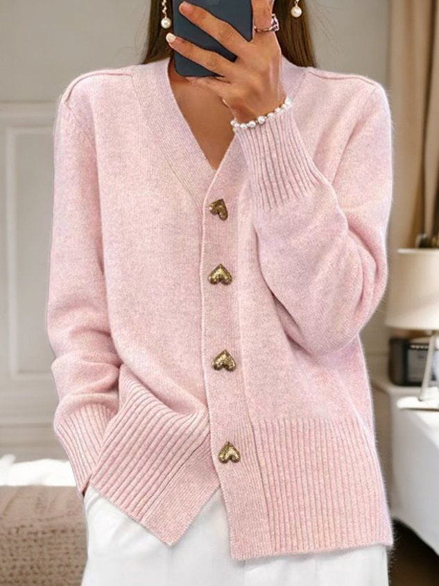 Women's Heart-Button V-Neckline Knit Cardigan – Pink