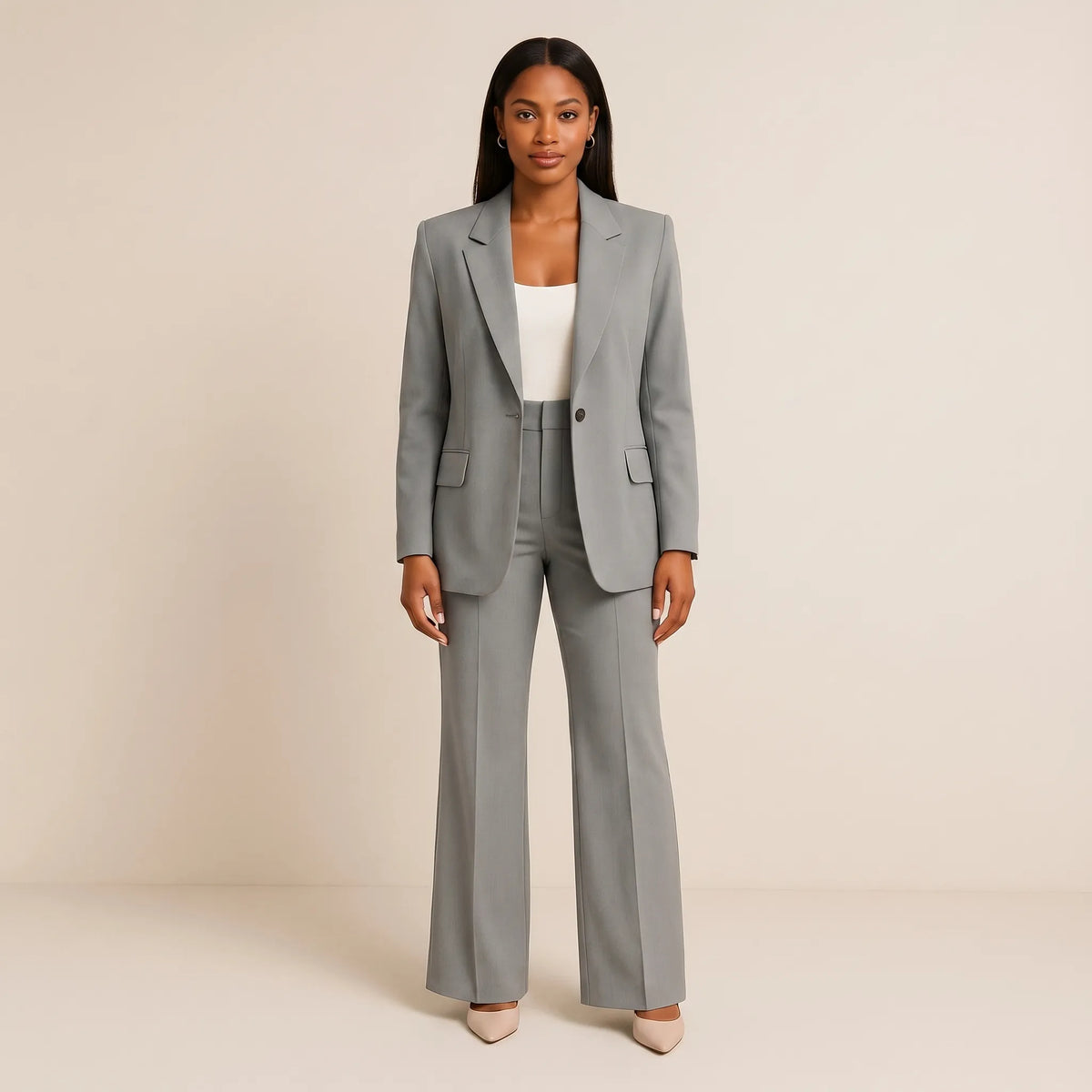 Women's One Button Flare Pants Suit Set for Fall – Gray