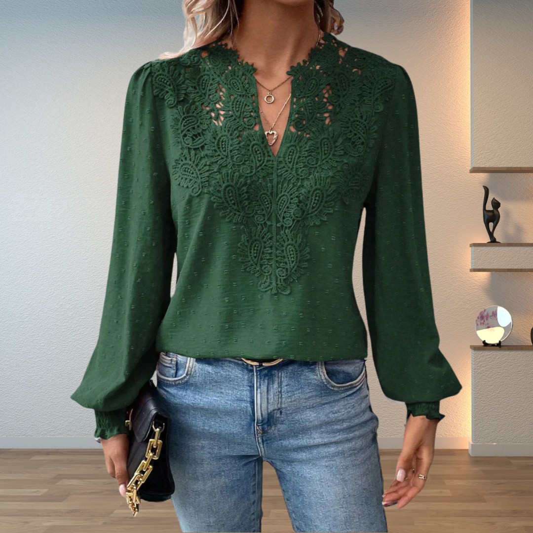 Women's Textured V-Neckline Blouse – Dark Green