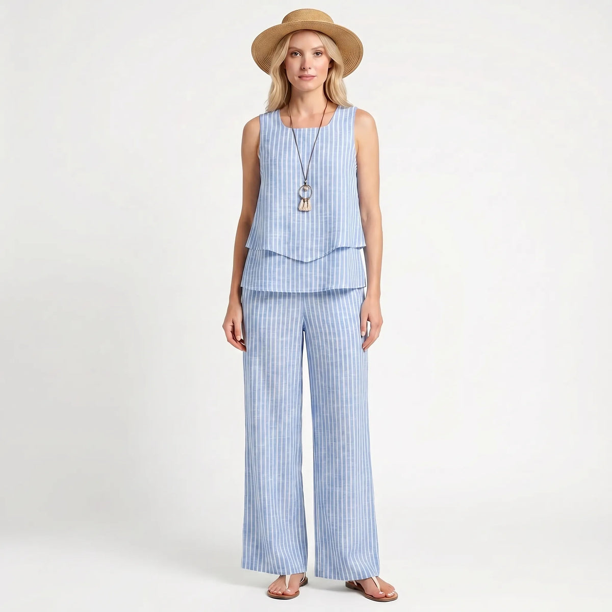 Women's Top and Wide-Cut Pants Set – Blue Stripes