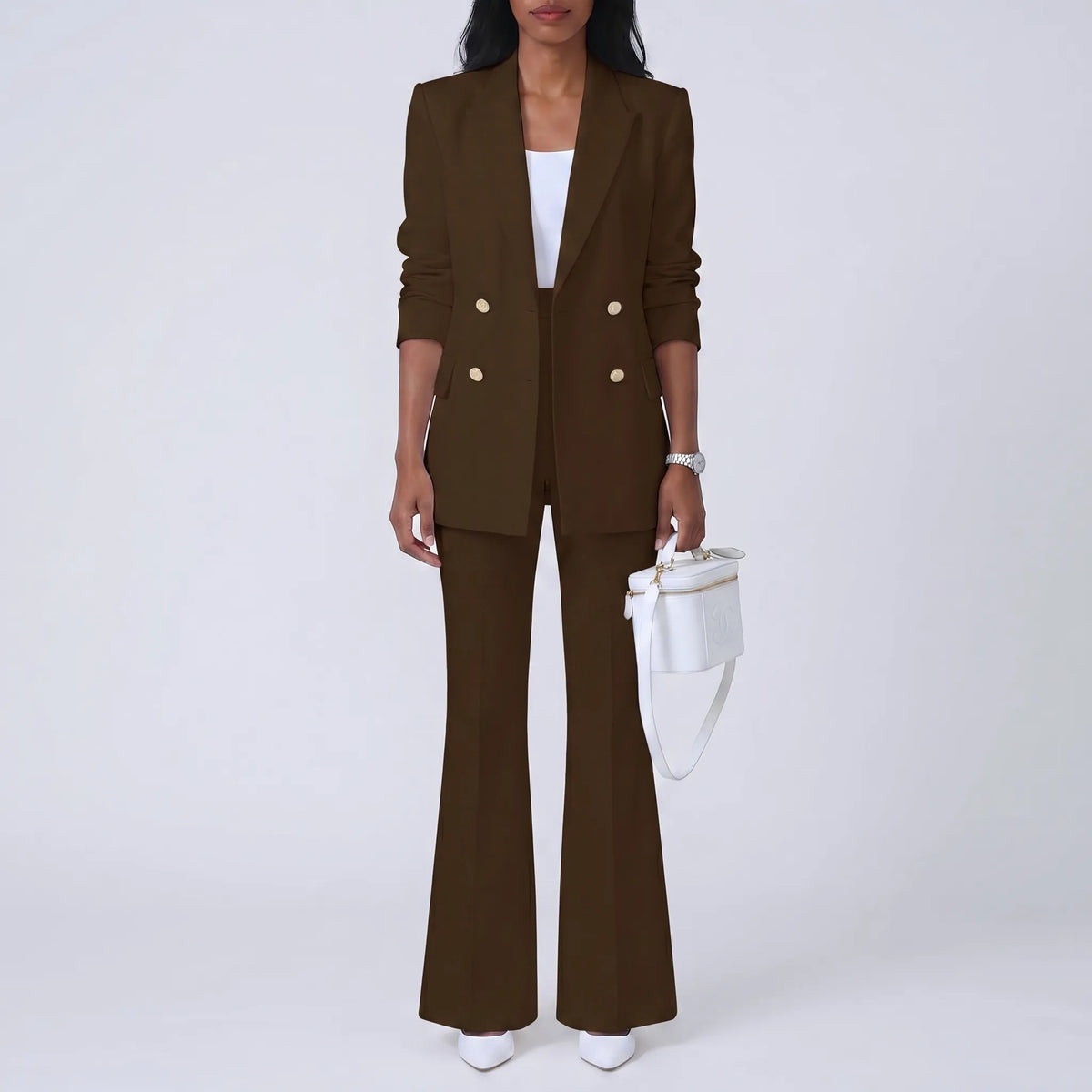 Women's Double Breasted Blazer and Pants Set for Weekends – Brown