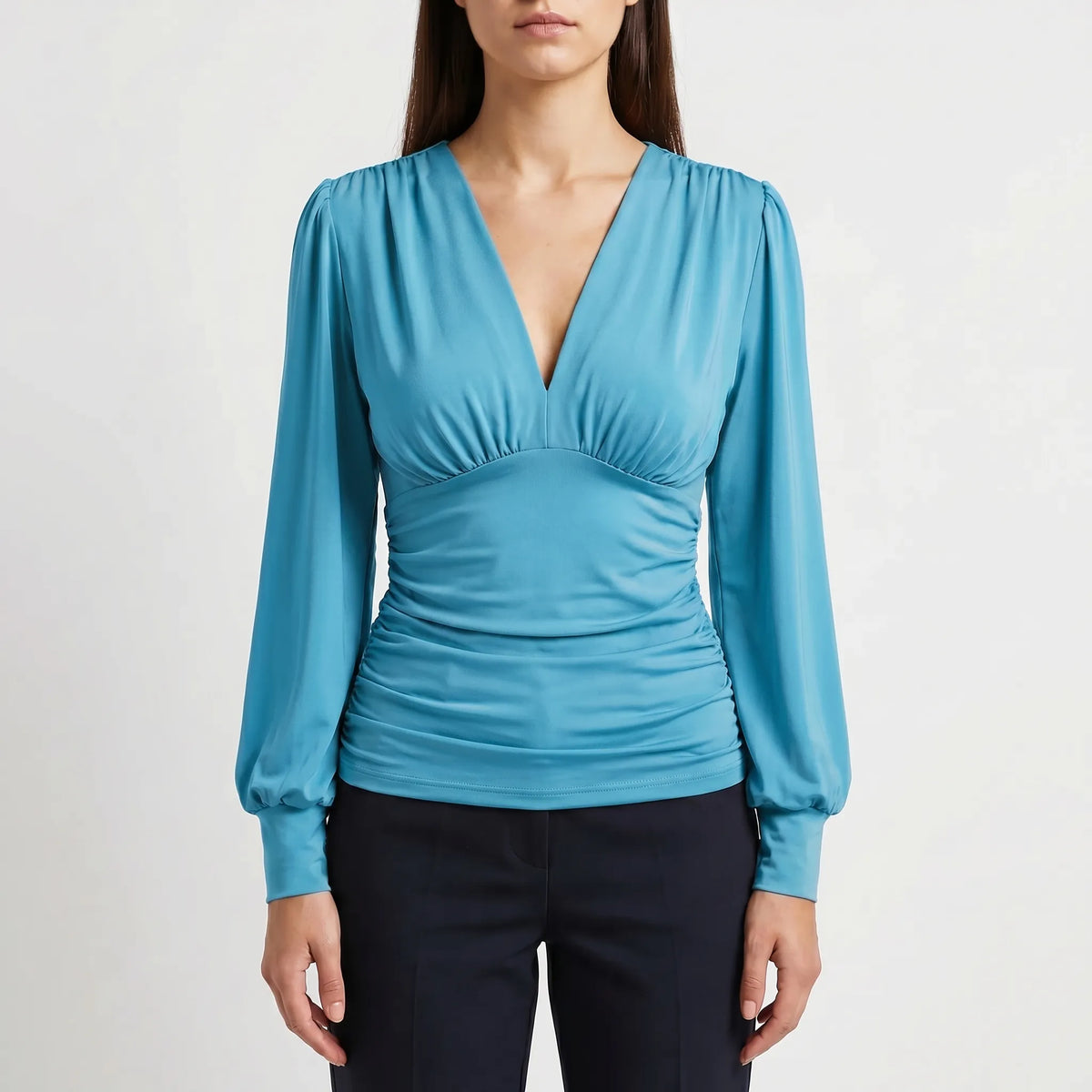 Women's Ruched Waist Wrap-Style Blouse – Blue