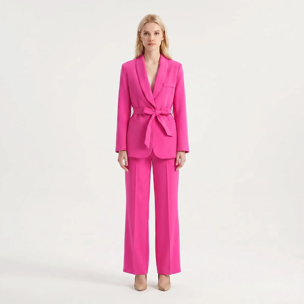 Women's Belt-Detail Wide-Cut Pants Suit Set – Pink