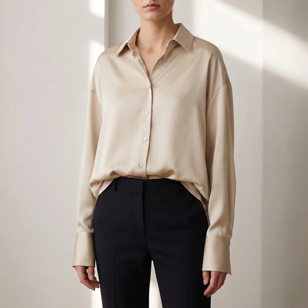 Women's Satin-Finish Button-Front Blouse – Beige