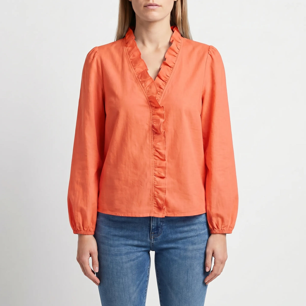 Women's Ruffle V Neck Blouse for Weekends – Orange