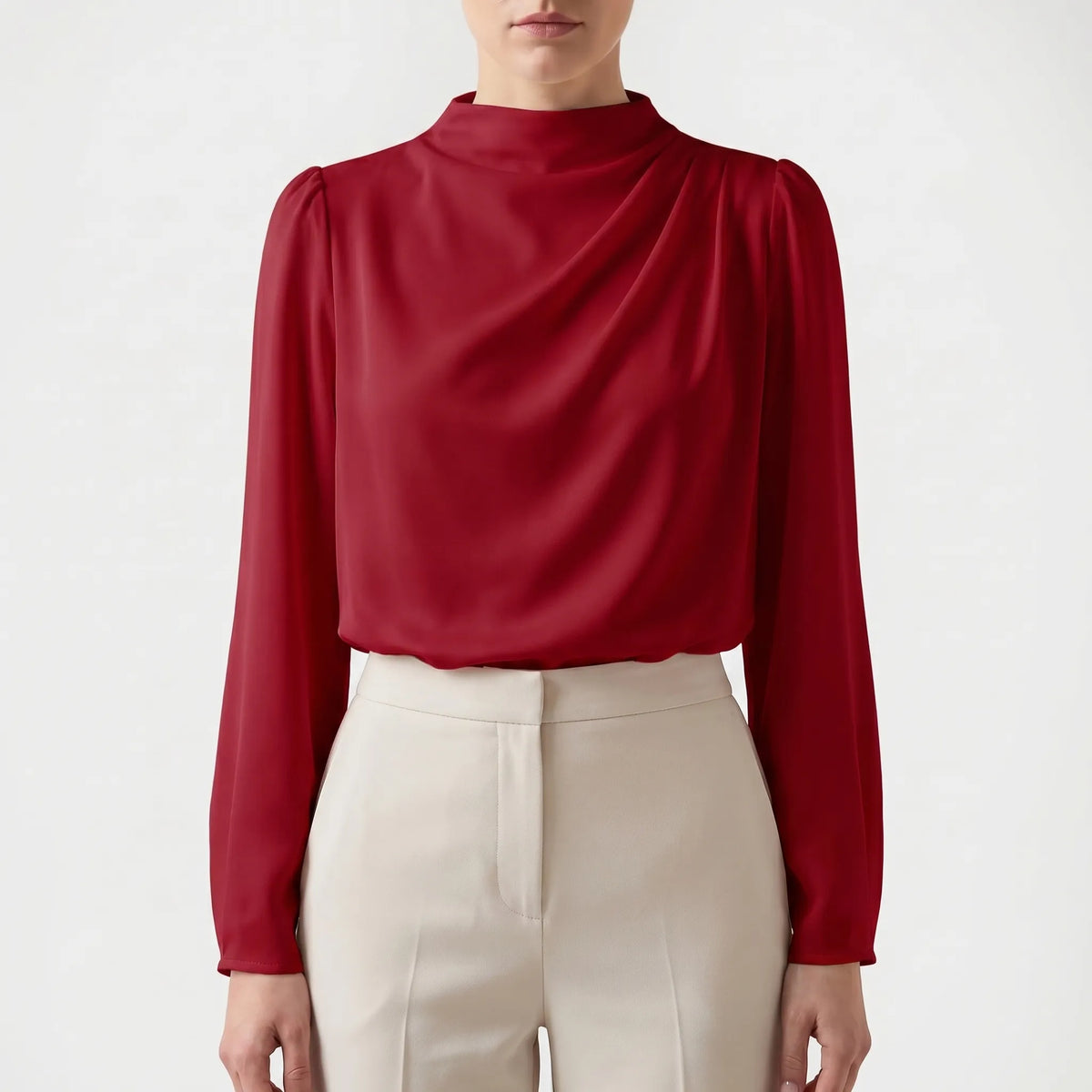 Women's Satin-Finish Draped Blouse – Red