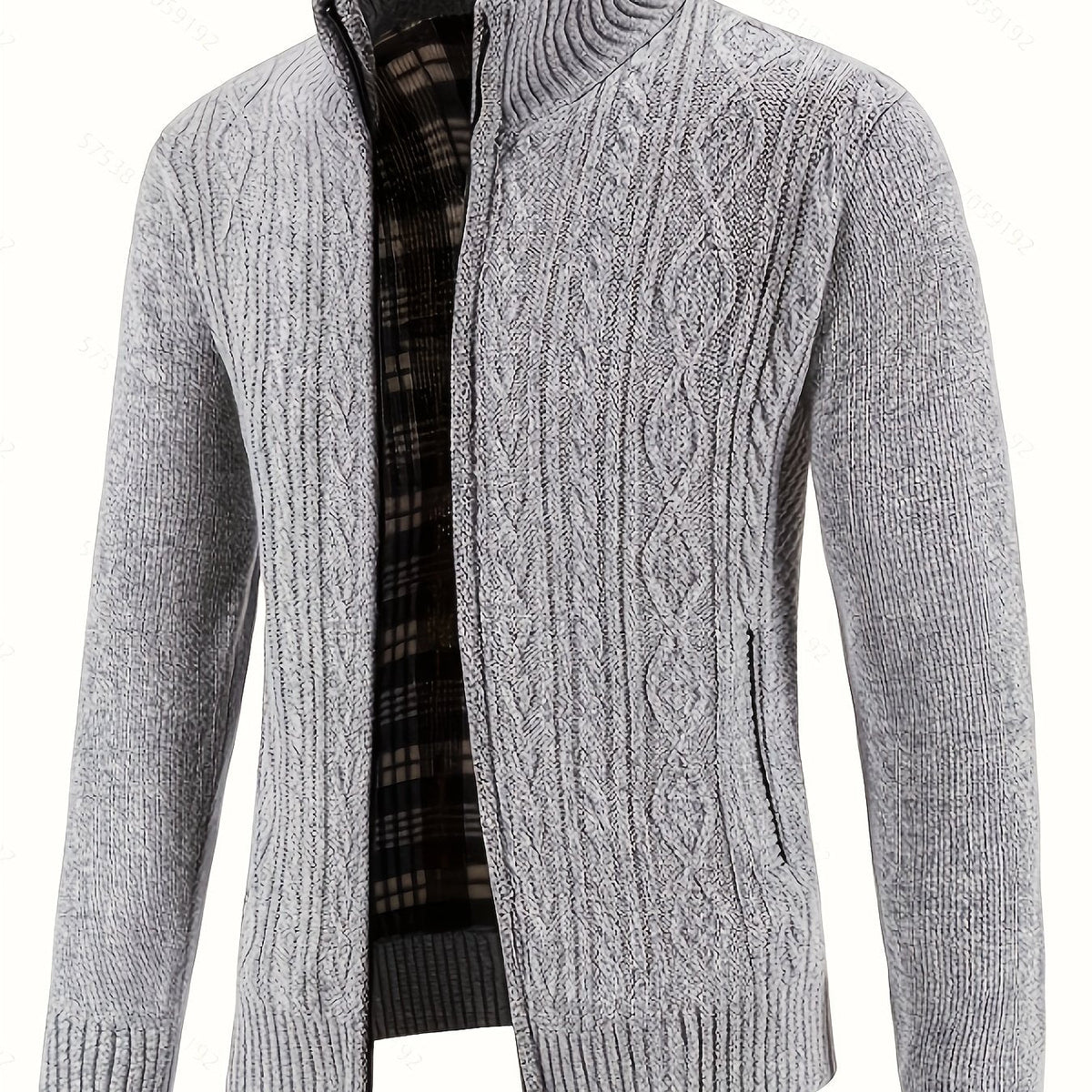 Men's Cable-Stitch Stand Collar Zip-Front Knit Cardigan – Light Gray