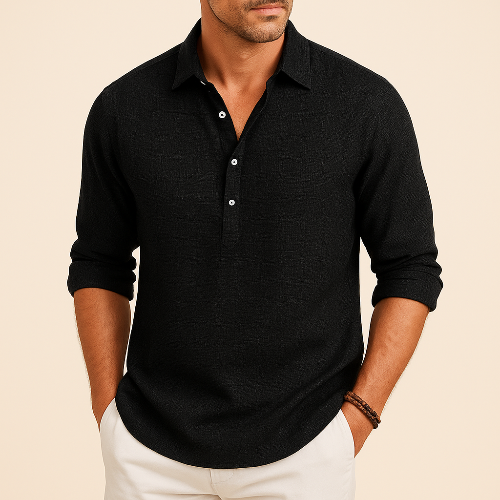 Men's Oversized Long Sleeve Polo Shirt – Black