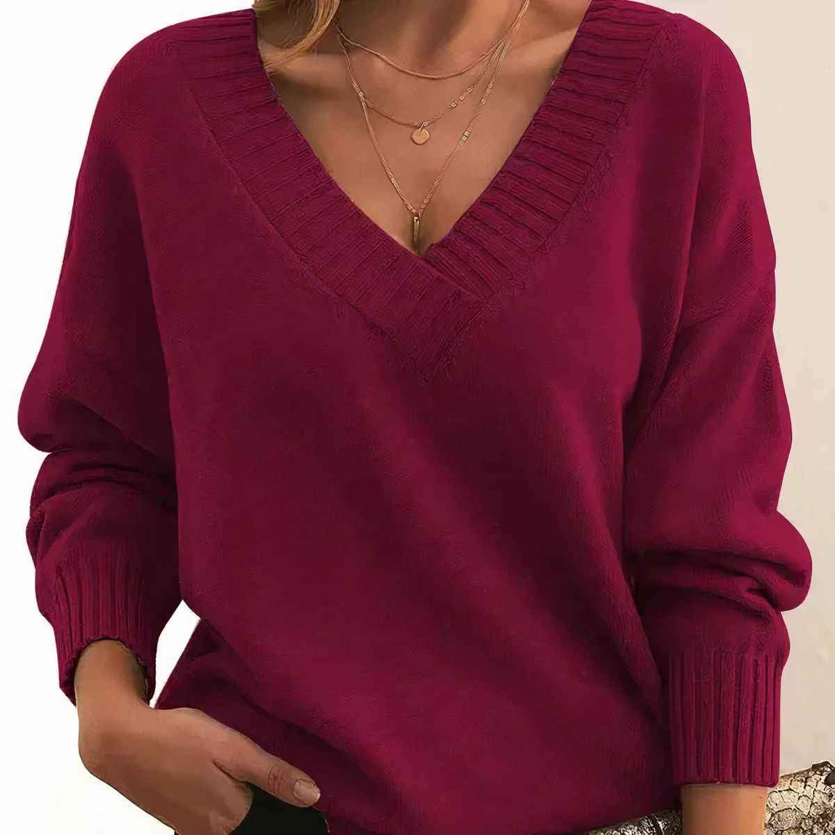 Women's Plush Knit V-Neckline Balloon-Sleeve Pullover – view 7