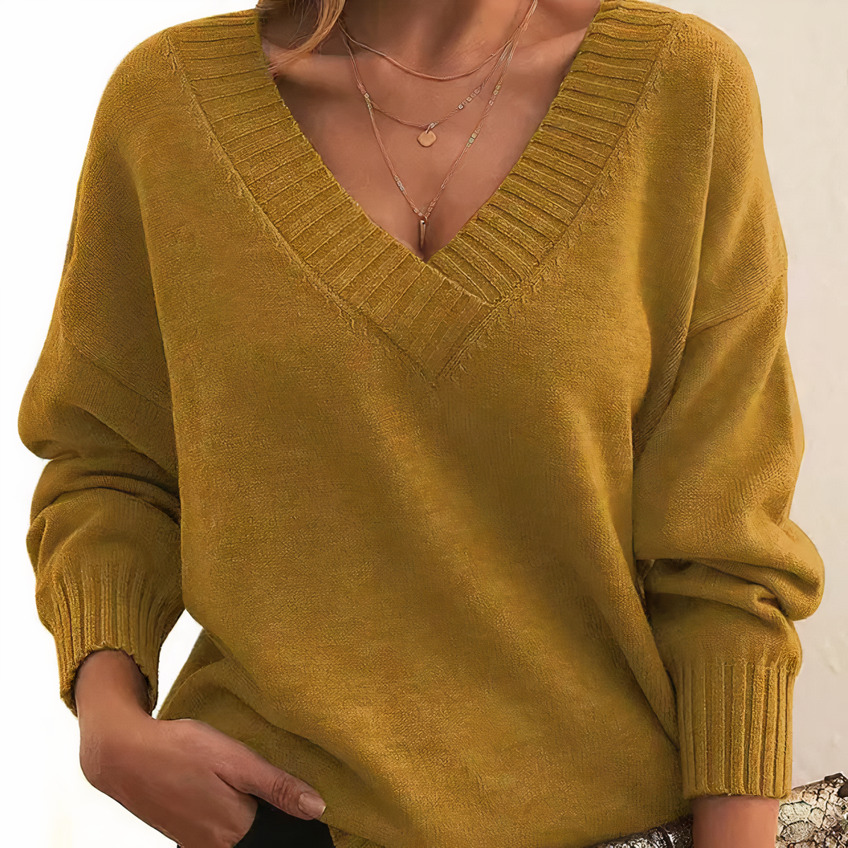 Women's Plush Knit V-Neckline Balloon-Sleeve Pullover – Mustard Yellow