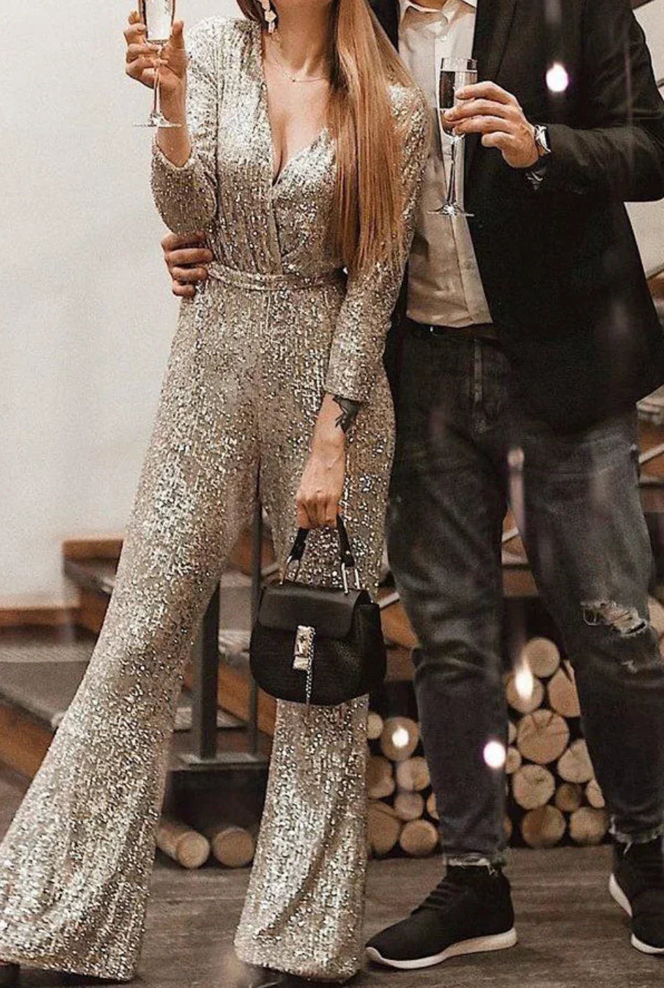Women's Sequined Jumpsuit – Beige
