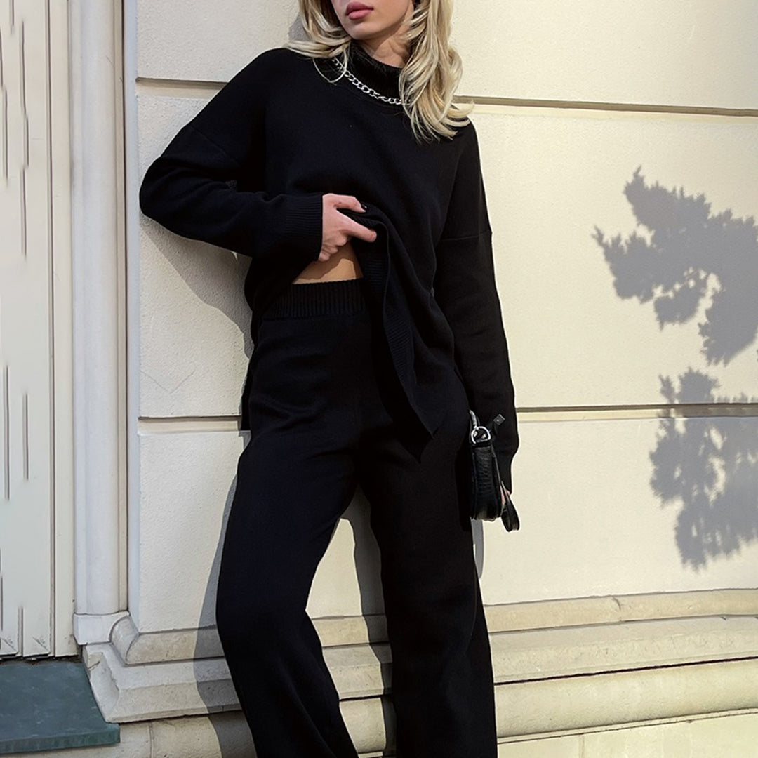 Women's Easy-Fit Roll-Neck Knit Pullover with Side Splits – Black