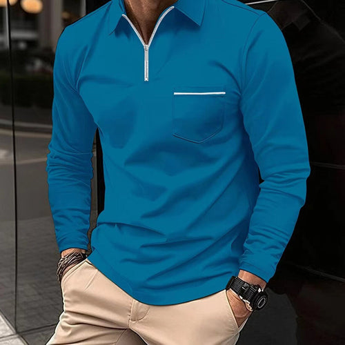 Men's Long-Sleeve Cotton Blend Polo Shirt for Outdoor Wear – Blue
