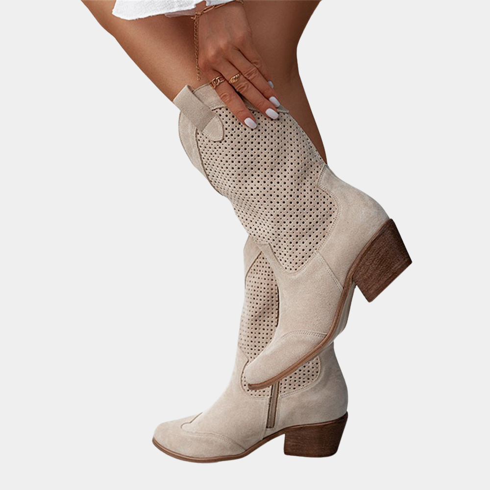 Women's Perforated Block-Heel Western Cowboy Boots for Weekends – Beige