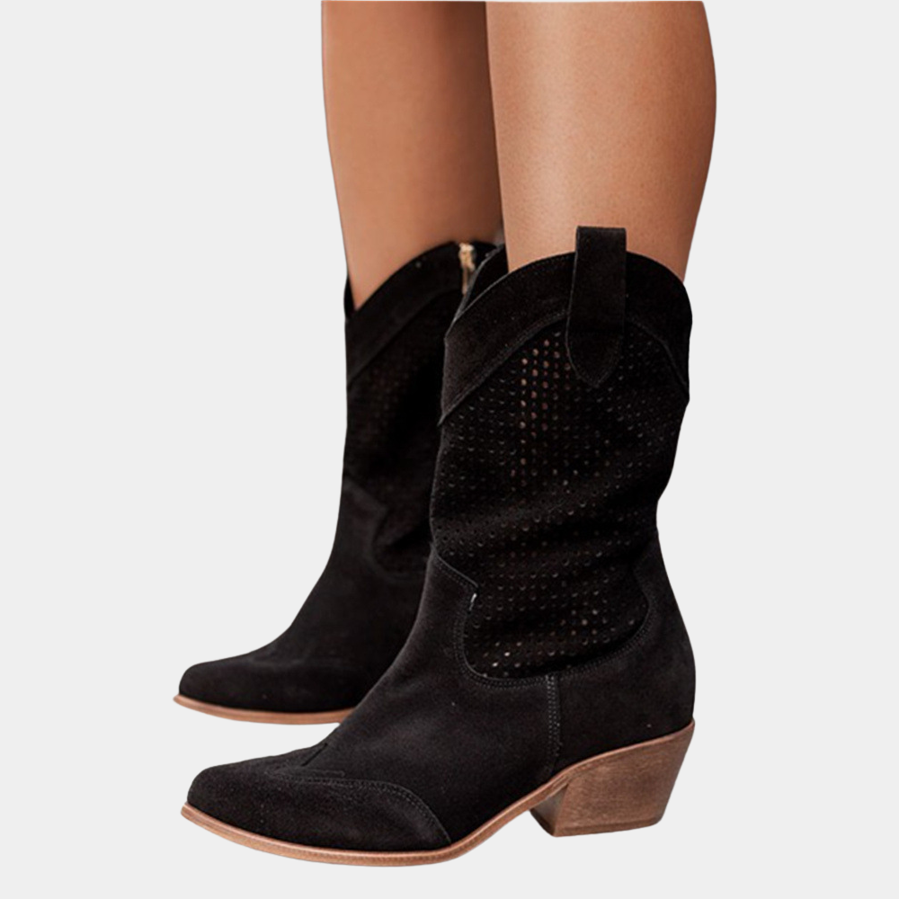 Women's Perforated Block-Heel Western Cowboy Boots for Weekends – Black