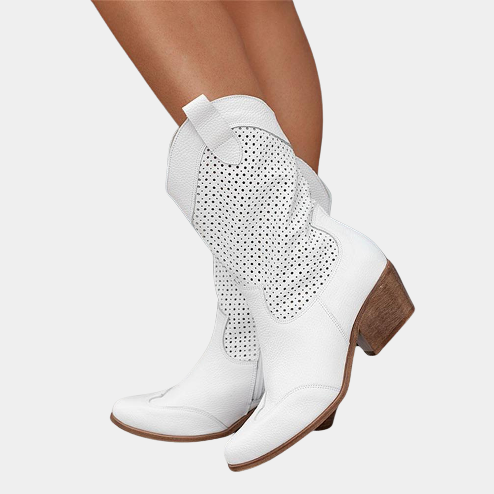 Women's Perforated Block-Heel Western Cowboy Boots for Weekends – White