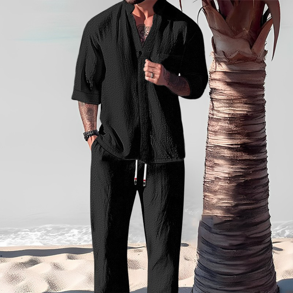 Men's Short-Sleeve Linen Shirt and Pants – Black