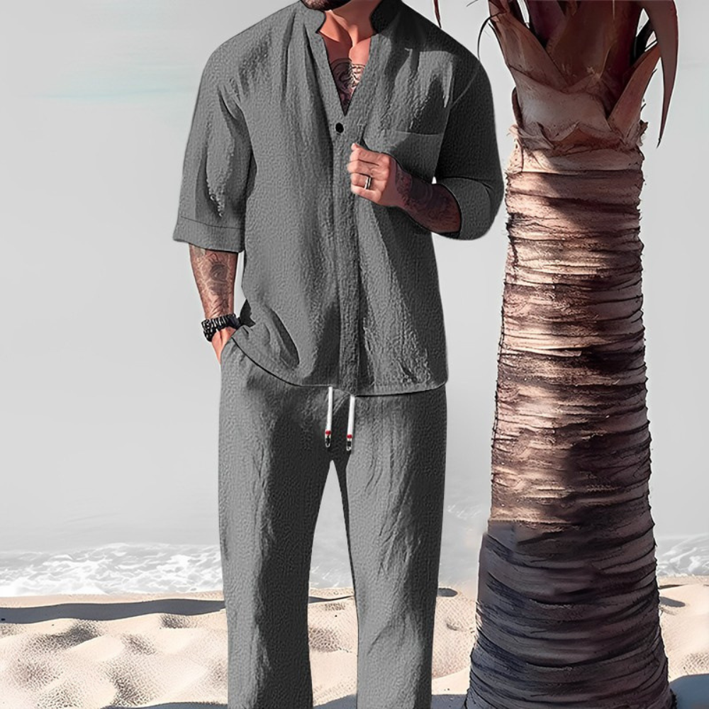 Men's Short-Sleeve Linen Shirt and Pants – Gray