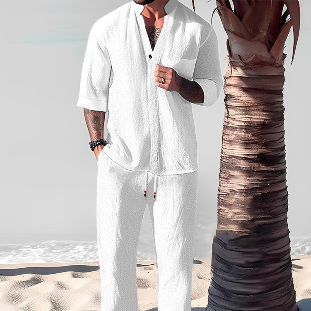 Men's Short-Sleeve Linen Shirt and Pants – White