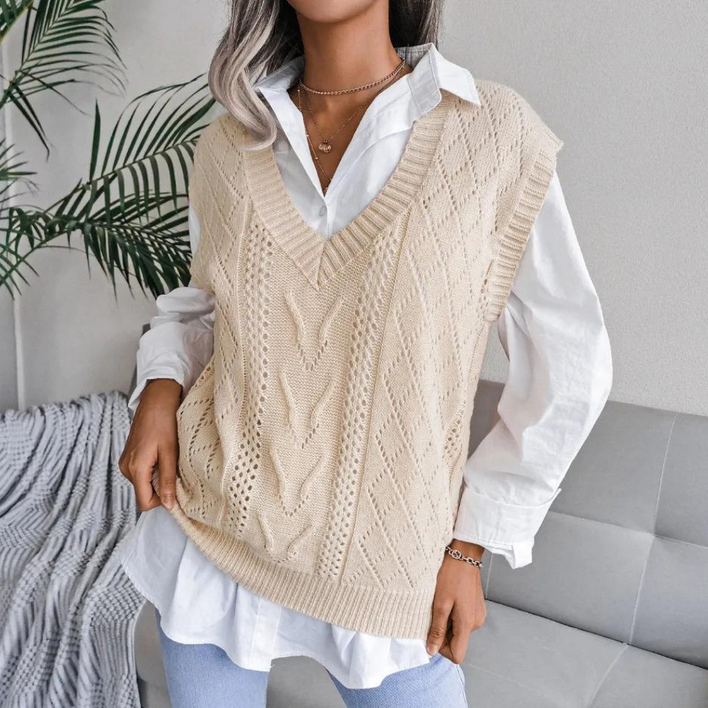 Women's Openwork V-Neckline Knit Sweater Vest – Beige