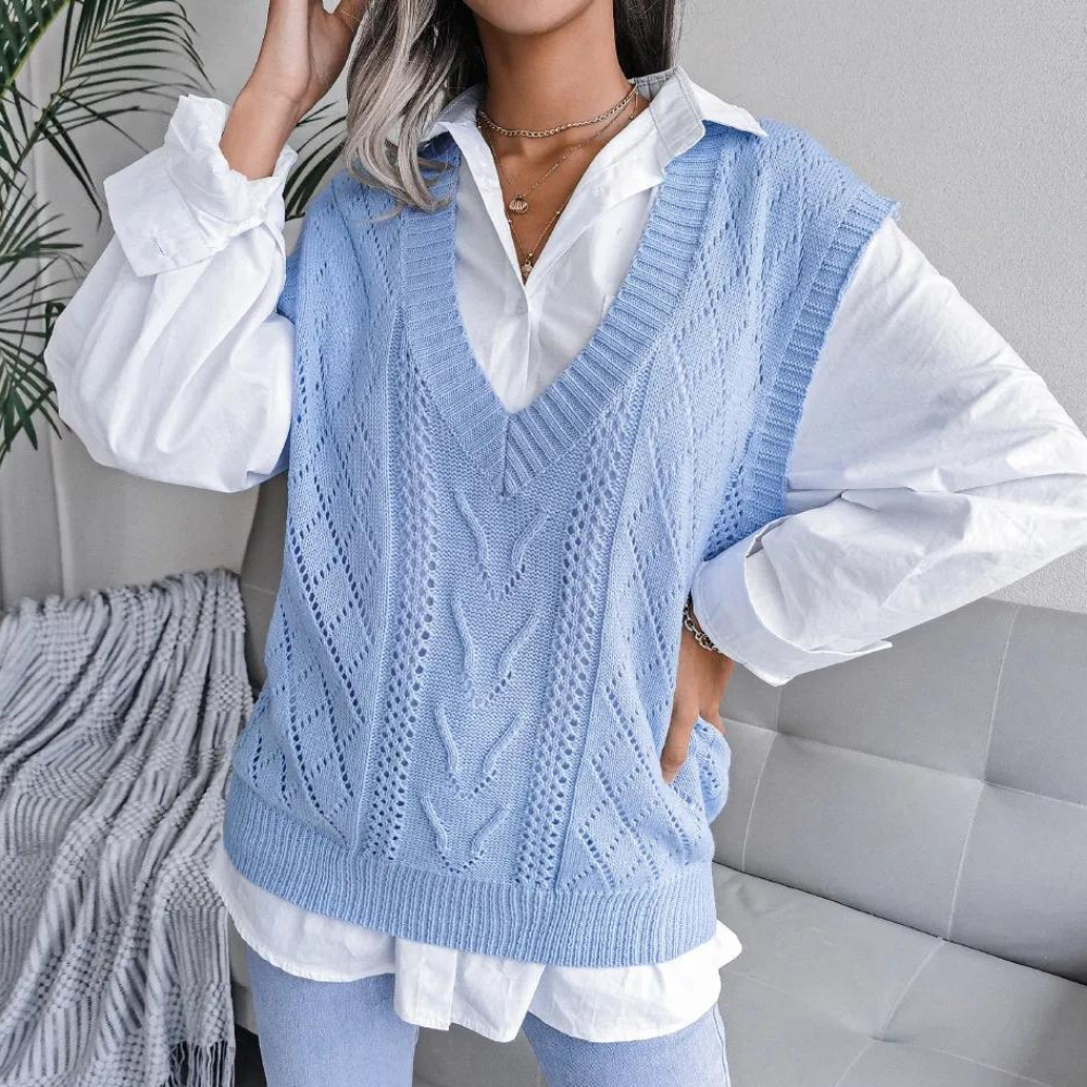 Women's Openwork V-Neckline Knit Sweater Vest – Light Blue