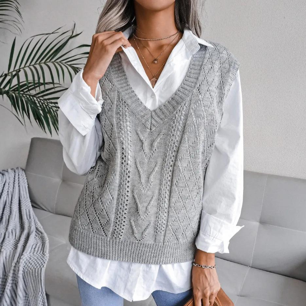 Women's Openwork V-Neckline Knit Sweater Vest – Gray