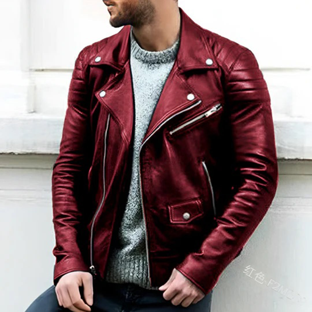 Men's Asymmetric Zip Moto Jacket – Wine Red