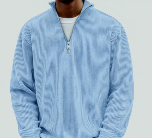 Men's Textured Knit Half-Zip High Neck Pullover for Walking – Blue