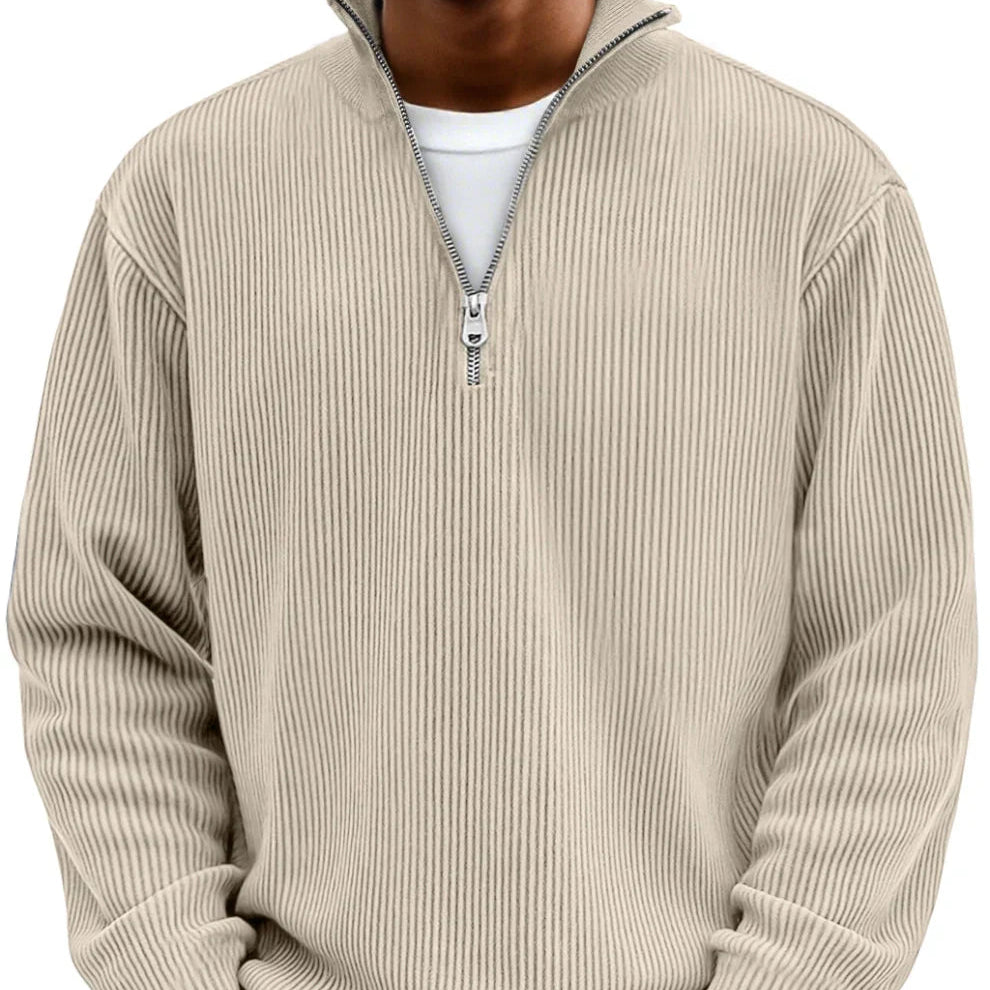 Men's Textured Knit Half-Zip High Neck Pullover for Walking – Khaki