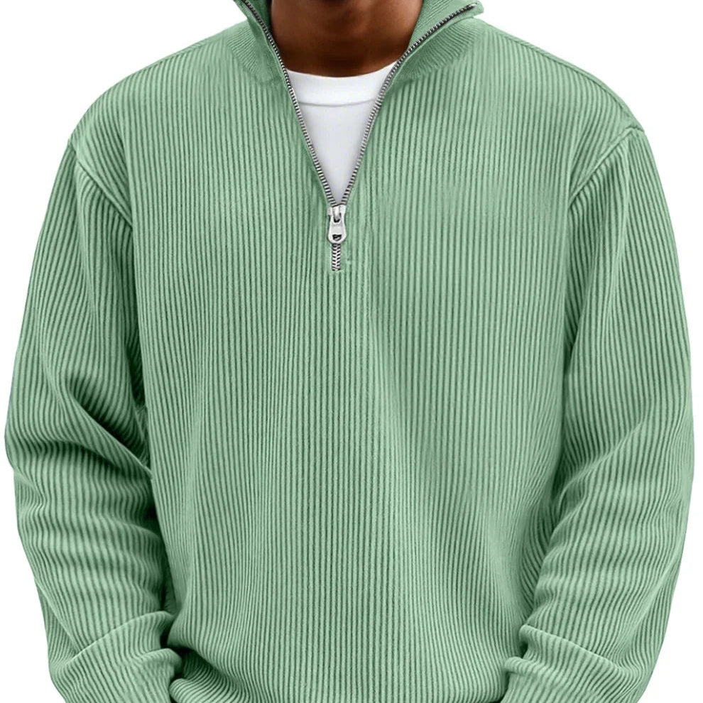 Men's Textured Knit Half-Zip High Neck Pullover for Walking – Green