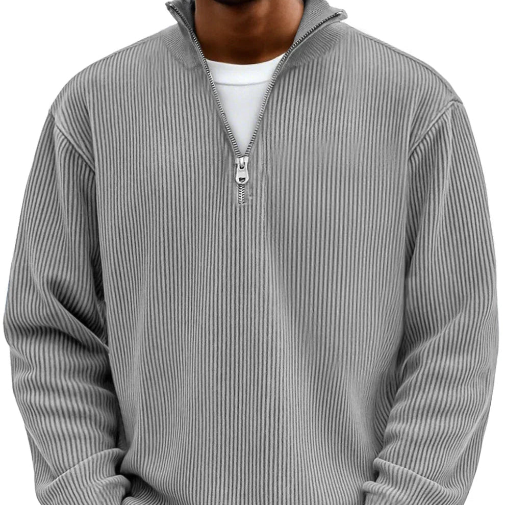 Men's Textured Knit Half-Zip High Neck Pullover for Walking – Gray