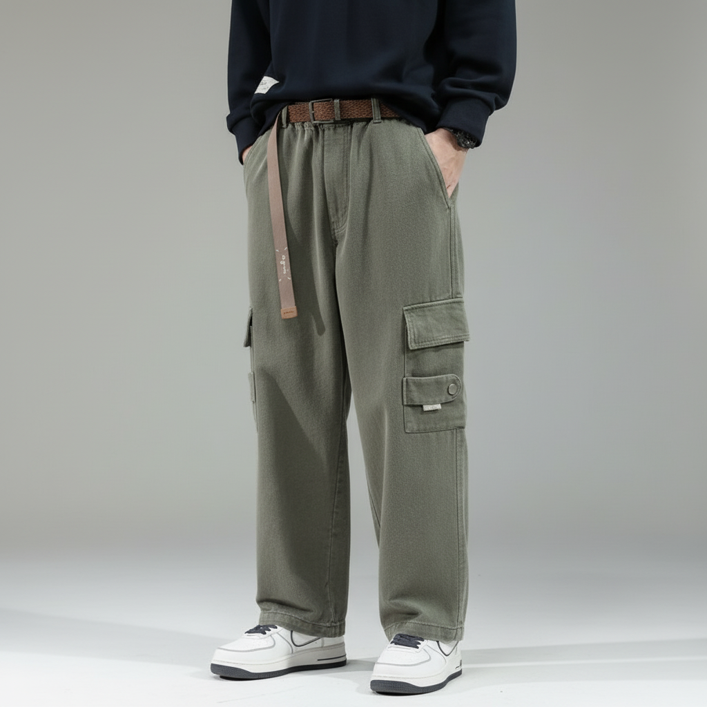 Men's Loose-Fit Cotton Cargo Trousers for Travel – Green