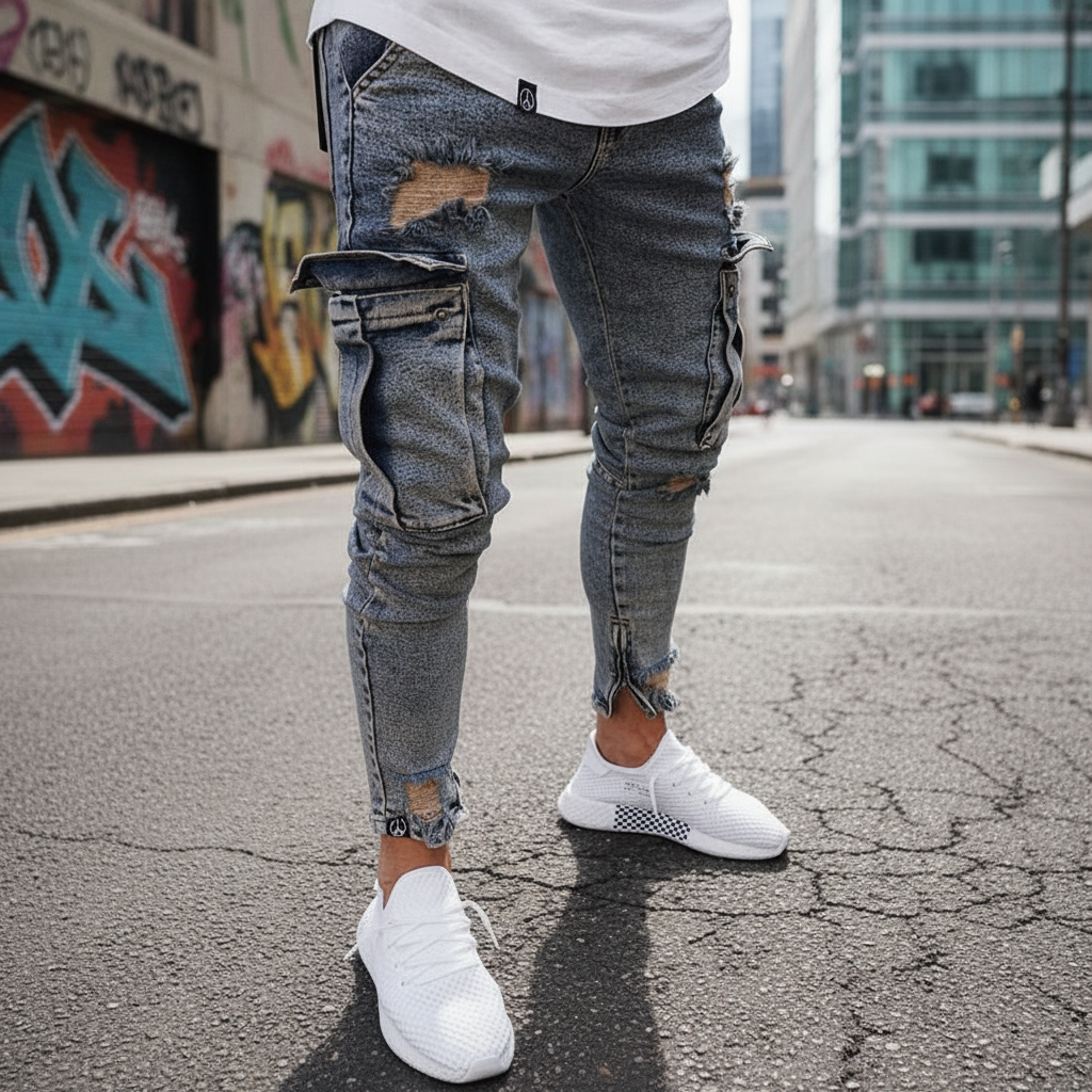 Men's Slim-Tapered Denim-Wash Cargo Pants – view 3