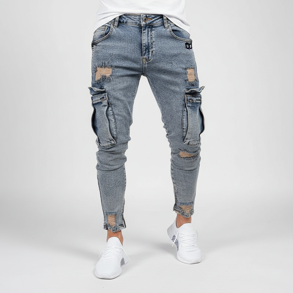 Men's Slim-Tapered Denim-Wash Cargo Pants – view 4