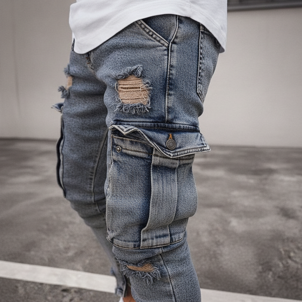 Men's Slim-Tapered Denim-Wash Cargo Pants – view 5