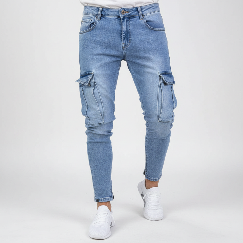 Men's Slim-Tapered Denim-Wash Cargo Pants – Light Blue