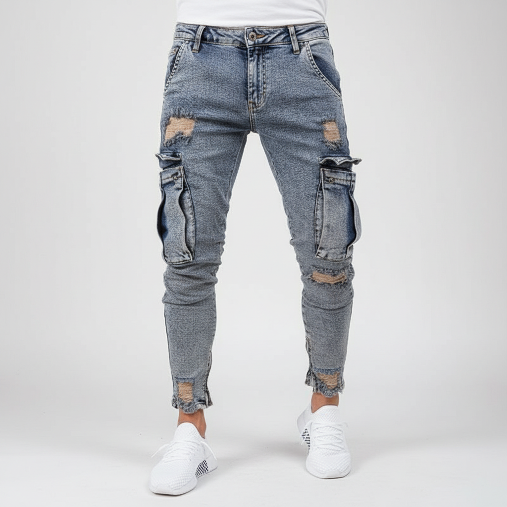 Men's Slim-Tapered Denim-Wash Cargo Pants – Blue