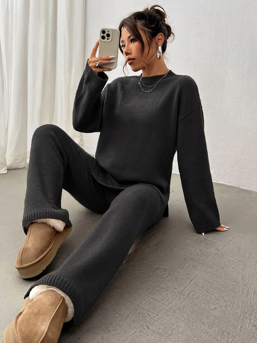 Women's 2 Piece Sweater and Pants Set for Winter – Black