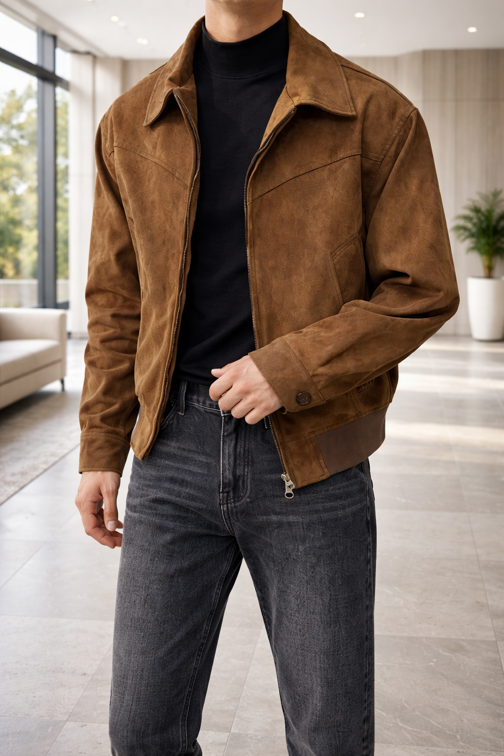Men's Suede-Finish Leather Jacket with Zip Front – Brown