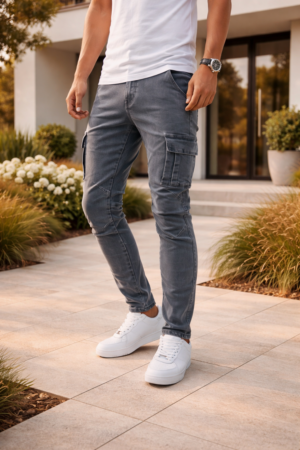 Men's Slim-Cut Fit Stretchy Cargo Jeans – Gray