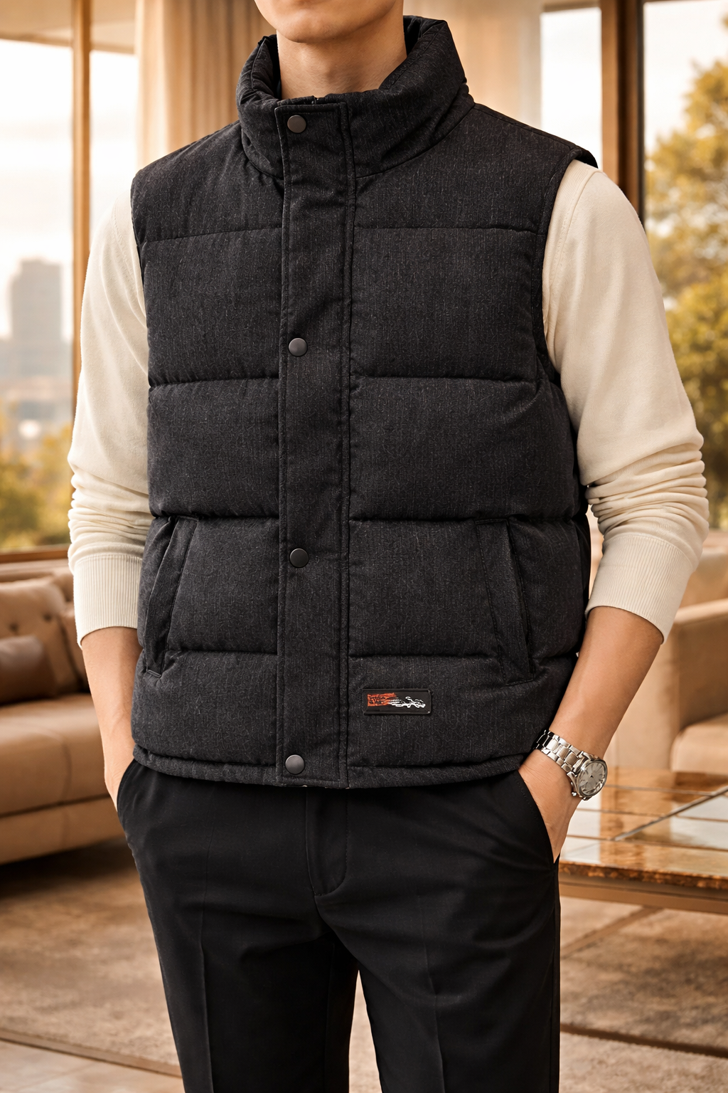 Men's Padded Quilted Stand-Collar Vest – Black
