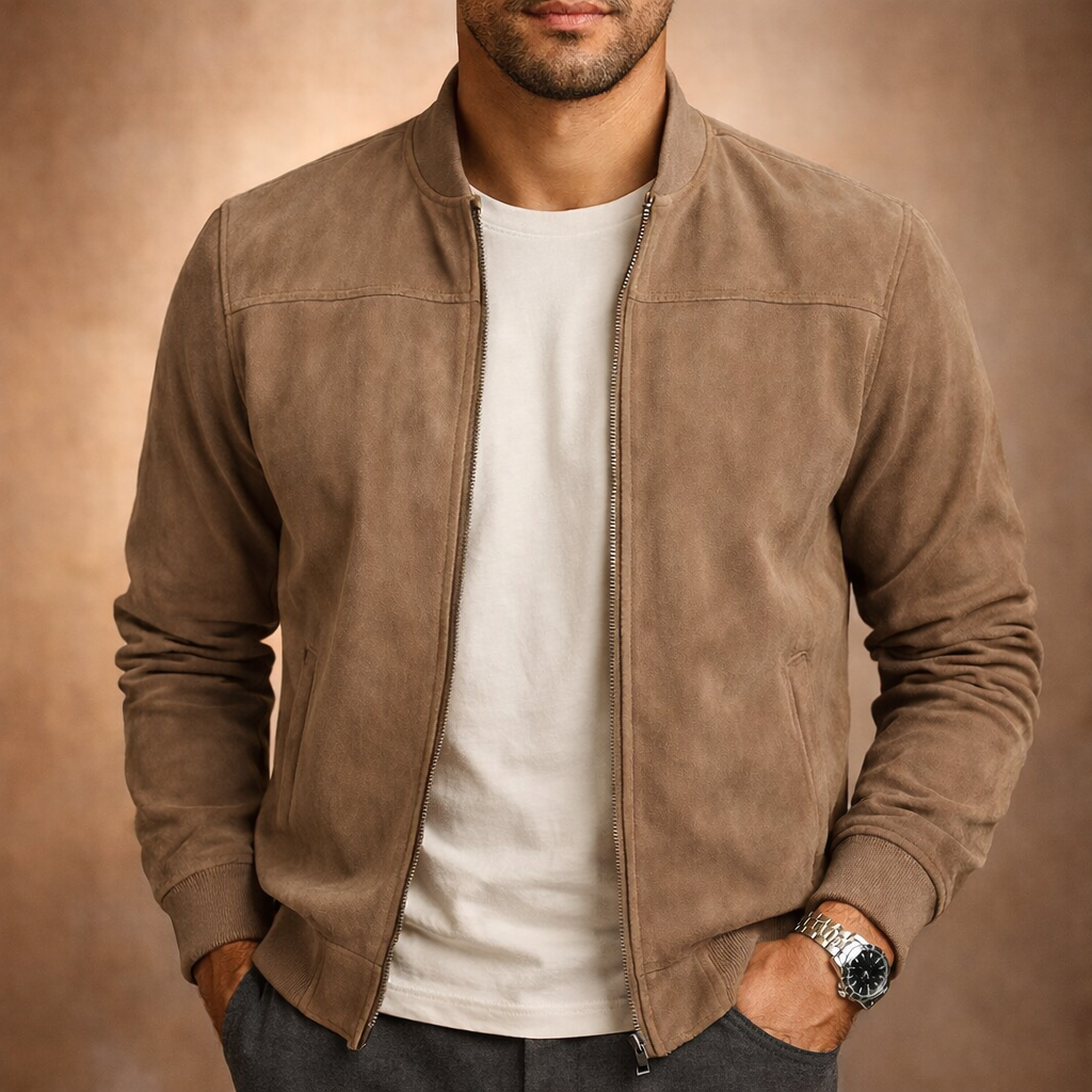 Men's Suede-Finish Bomber Jacket – Beige