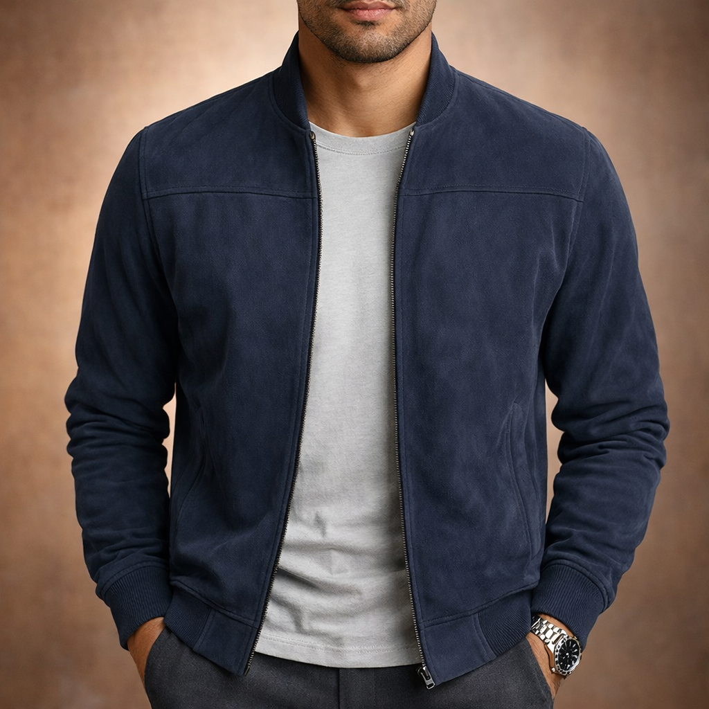 Men's Suede-Finish Bomber Jacket – Dark Blue