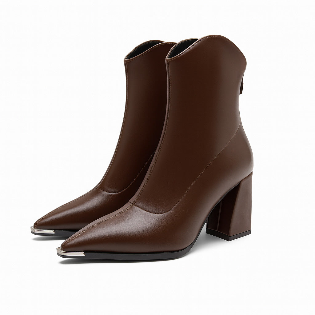 Women's Pointed-Toe Block-Heel Booties – Brown