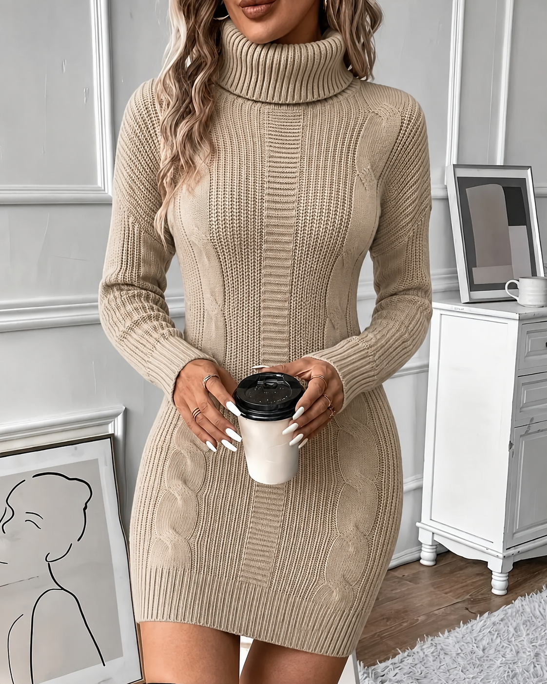 Women's Chunky-Knit Cable-Stitch Roll-Neck Sweater Dress – view 5